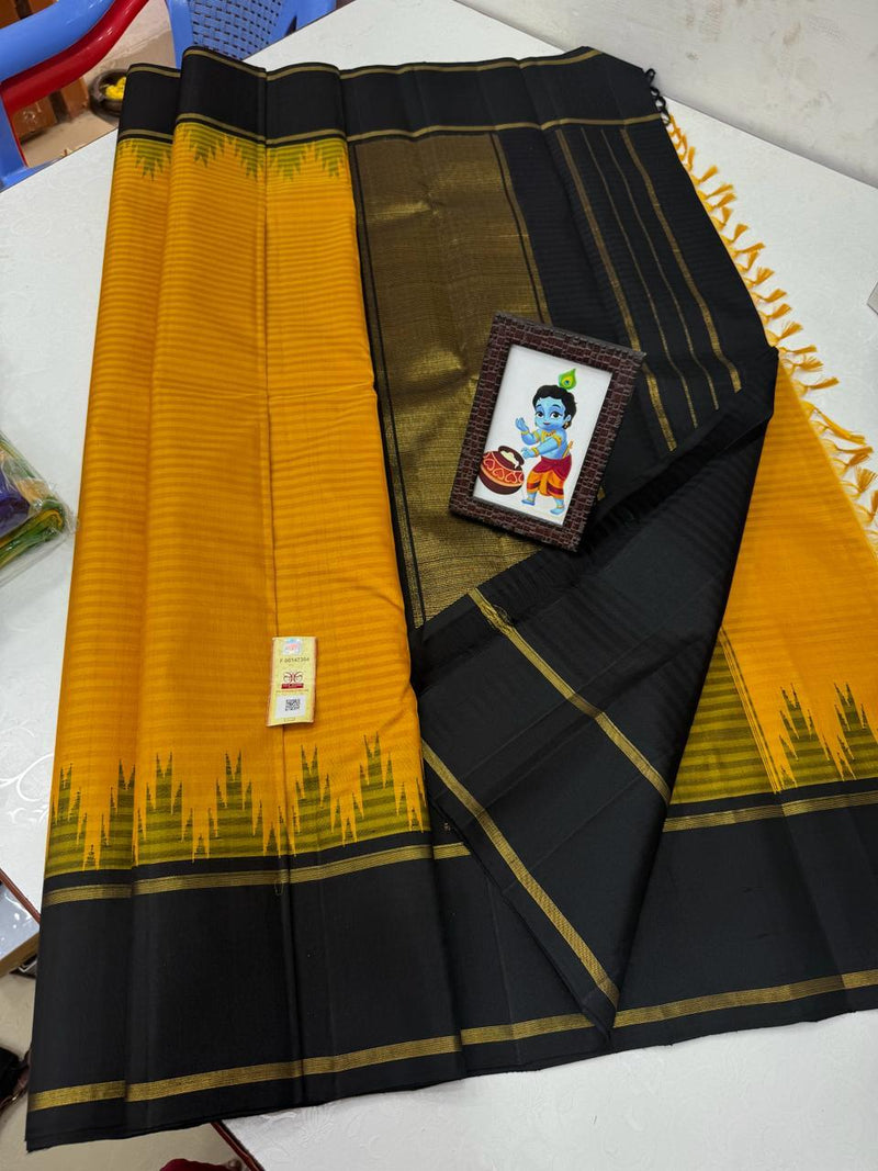 Mustard Yellow With Black  Korvai Temple Border Kanchipuram Silk Saree