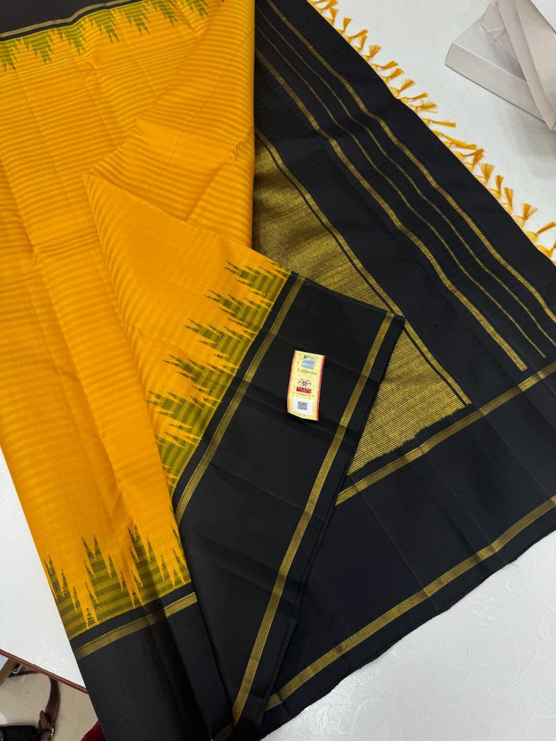 Mustard Yellow With Black  Korvai Temple Border Kanchipuram Silk Saree