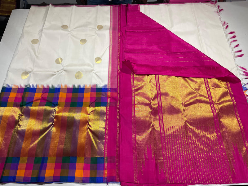 Half White Kanchipuram With Traditional Multi Color Temple Border