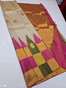 Half White Beige 8 Kol Korvai Handloom Multi Color Temple Border Kanchipuram Silk Saree