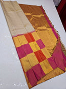 Half White Beige 8 Kol Korvai Handloom Multi Color Temple Border Kanchipuram Silk Saree