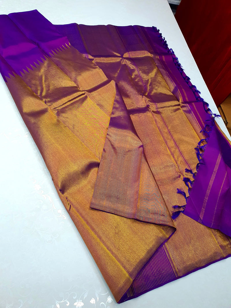 Purple Blue Raising Temple Border Kanchipuram Silk Saree