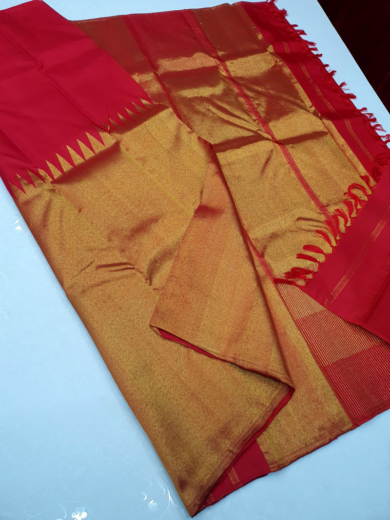 Red Raising Temple Border Kanchipuram Silk Saree