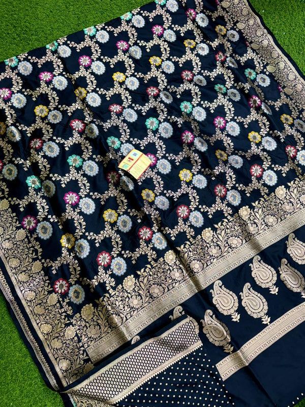 Black Banarasi Katan Silk Tilfi Weaving Meenakari Jal Work Saree