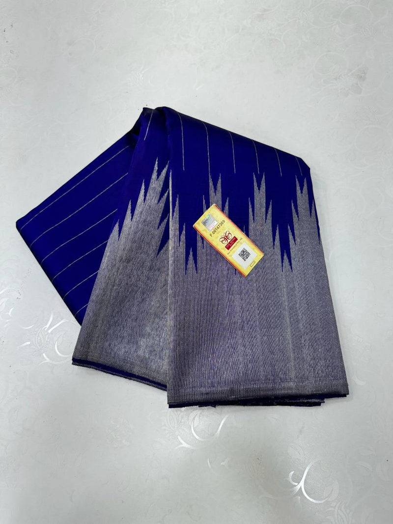 Royal Blue Silver Zari Temple Border Handloom Kanchipuram Silk Saree