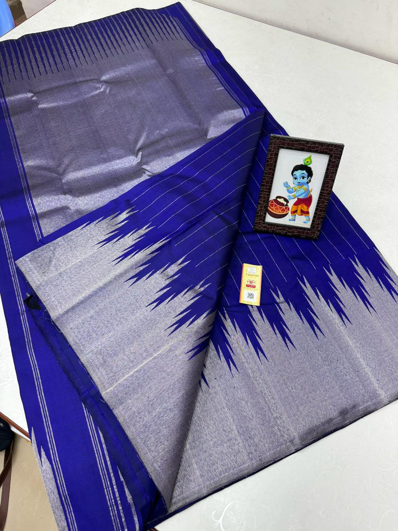 Royal Blue Silver Zari Temple Border Handloom Kanchipuram Silk Saree