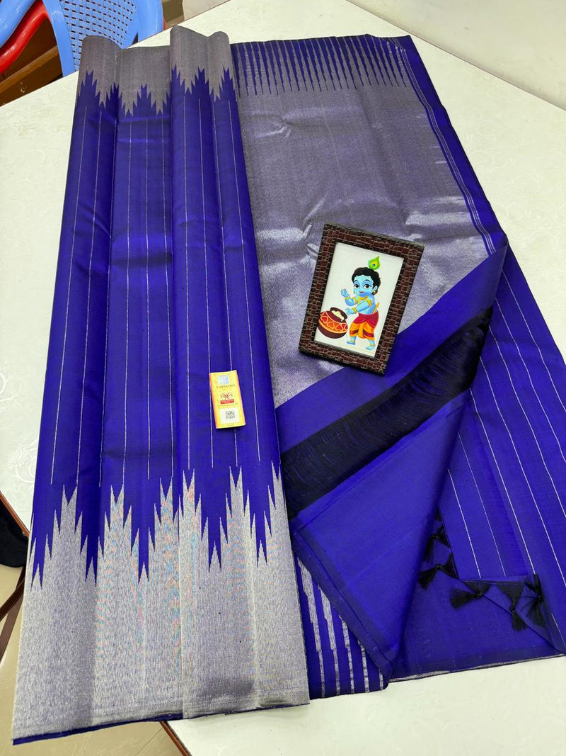 Royal Blue Silver Zari Temple Border Handloom Kanchipuram Silk Saree