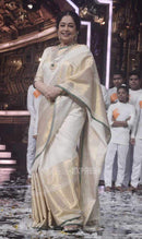 Celebrity Style Milky White Kanchipuram Handloom Silk Saree