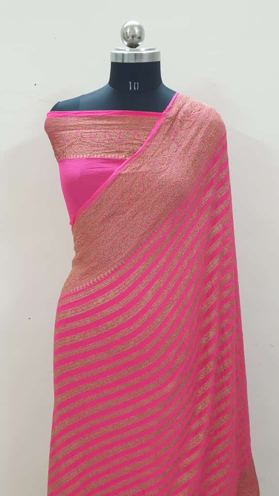 Candy Pink  Pure Banarasi Khaddi Georgette Fancy Zari Striped Silk Saree