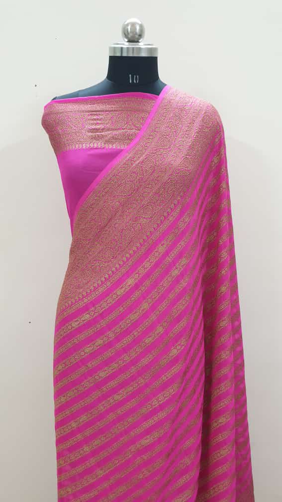 Rose Pink  Pure Banarasi Khaddi Georgette Fancy Zari Striped Silk Saree