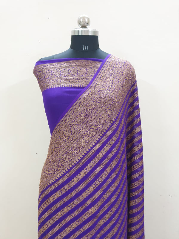 Purple Pure Banarasi Khaddi Georgette Fancy Zari Striped Silk Saree
