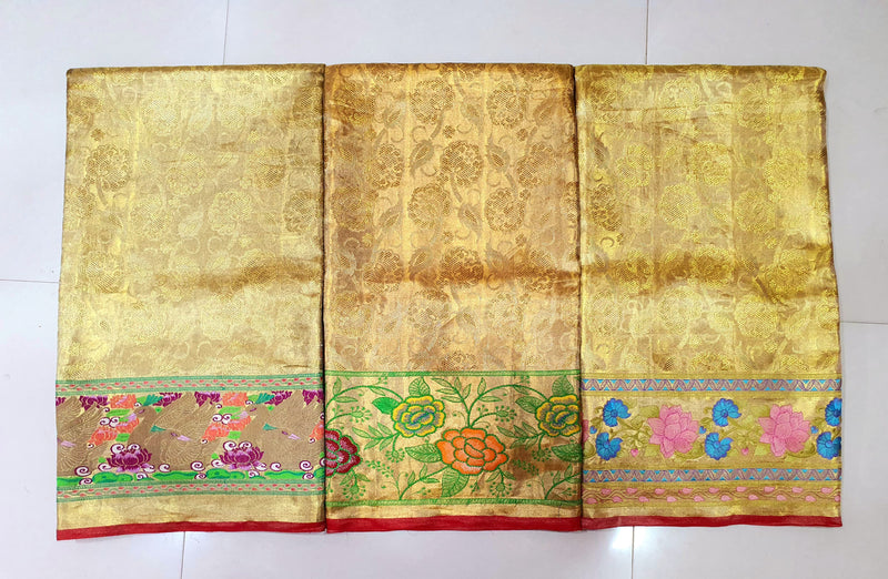 Celebrity Style - Golden Tissue Bridal Kanchipuram Silk Saree with Embroidery Work Border