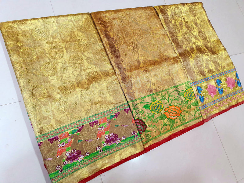 Celebrity Style - Golden Tissue Bridal Kanchipuram Silk Saree with Embroidery Work Border