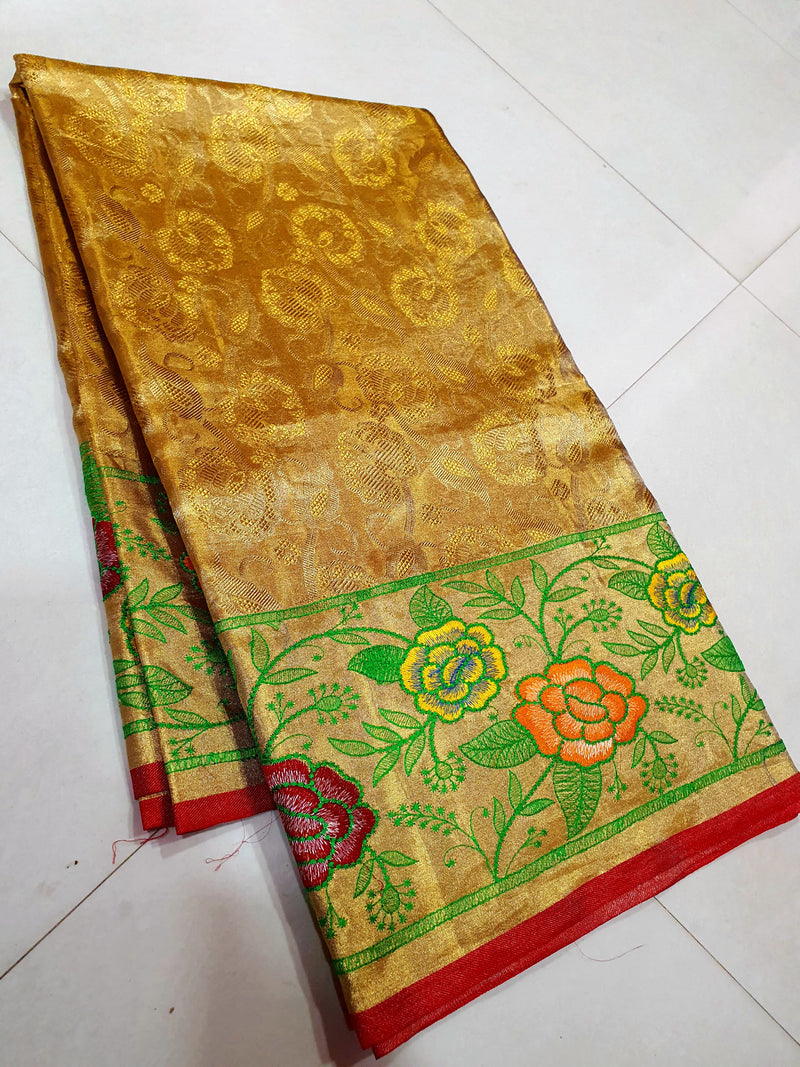 Celebrity Style - Golden Tissue Bridal Kanchipuram Silk Saree with Embroidery Work Border