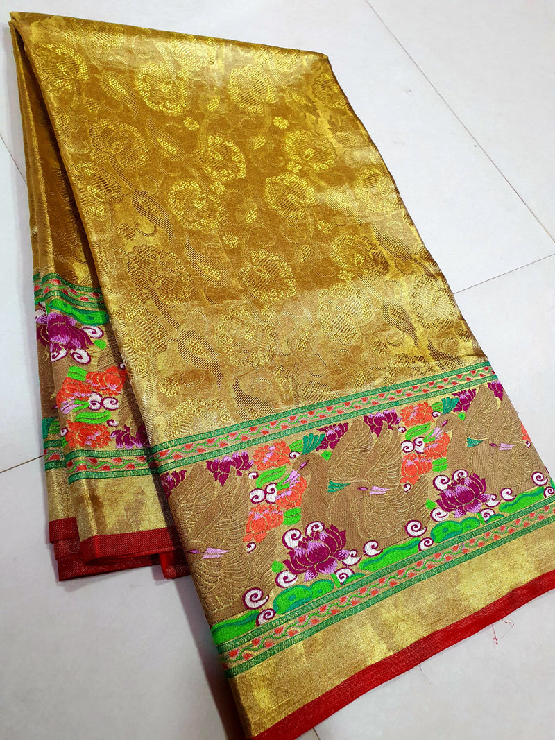 Celebrity Style - Golden Tissue Bridal Kanchipuram Silk Saree with Embroidery Work Border