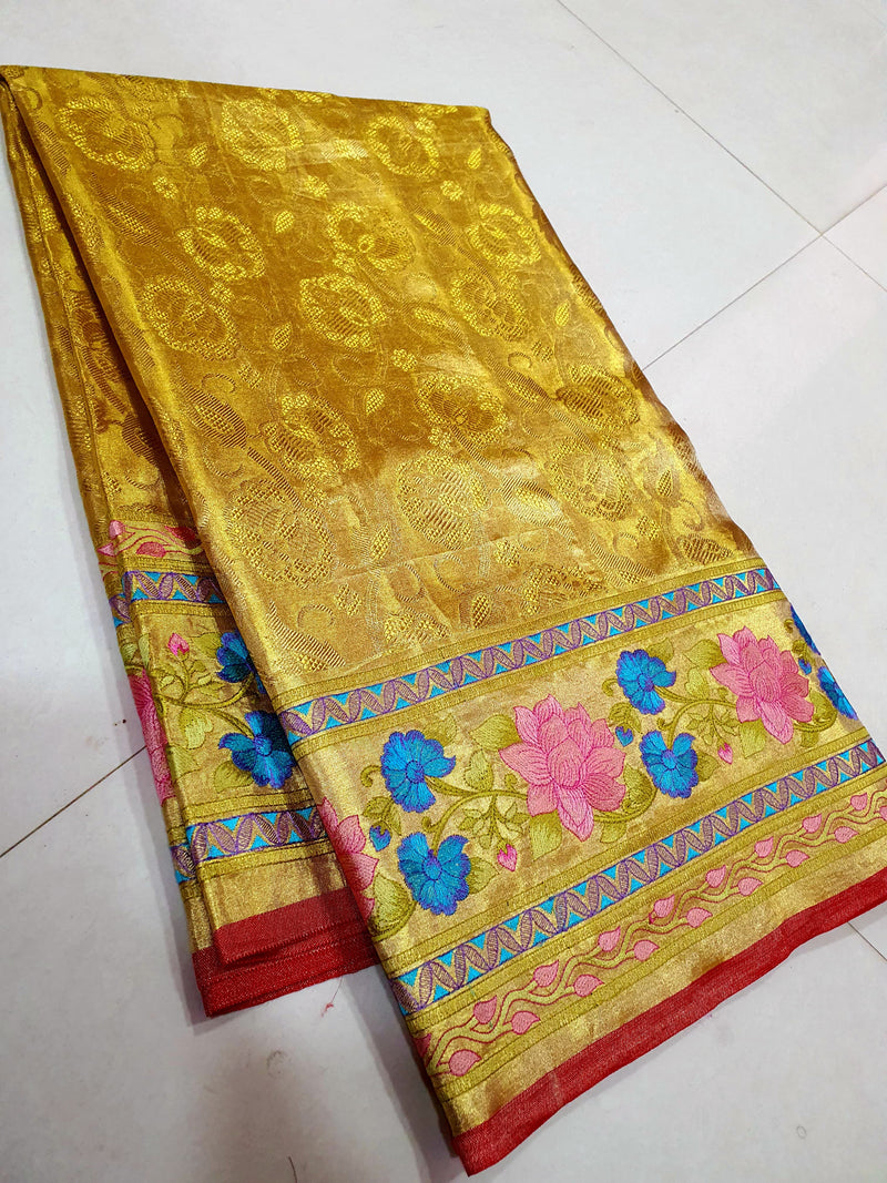 Celebrity Style - Golden Tissue Bridal Kanchipuram Silk Saree with Embroidery Work Border