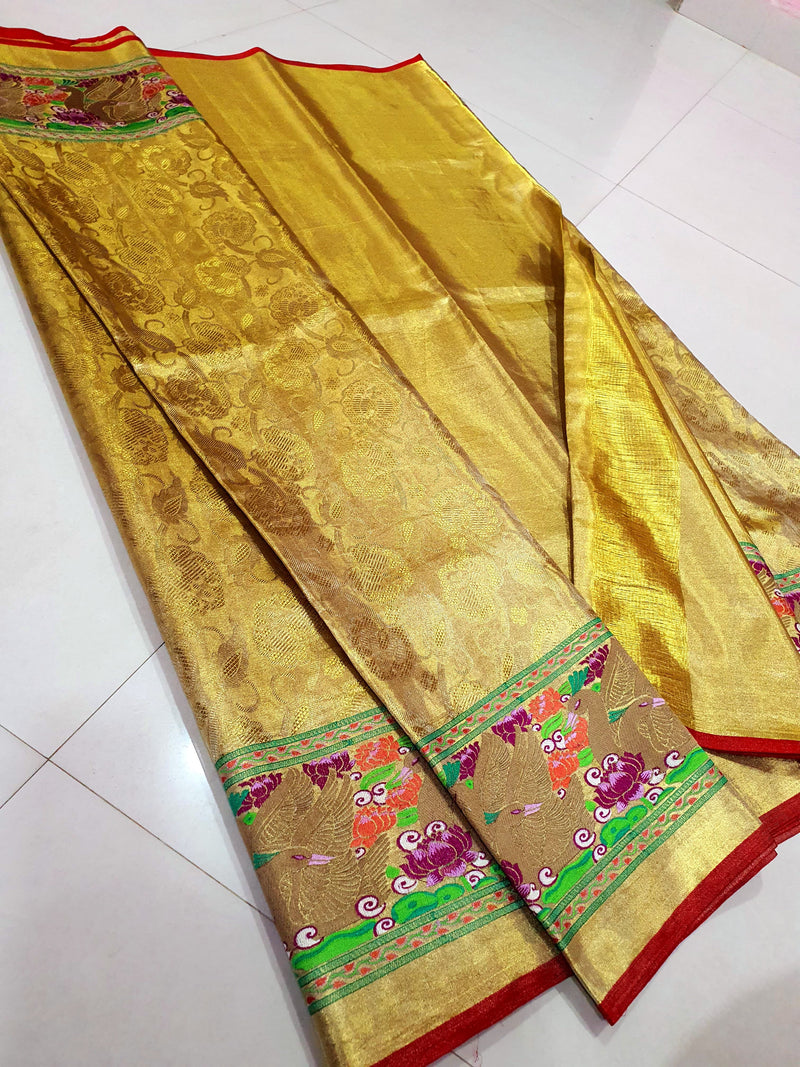 Celebrity Style - Golden Tissue Bridal Kanchipuram Silk Saree with Embroidery Work Border