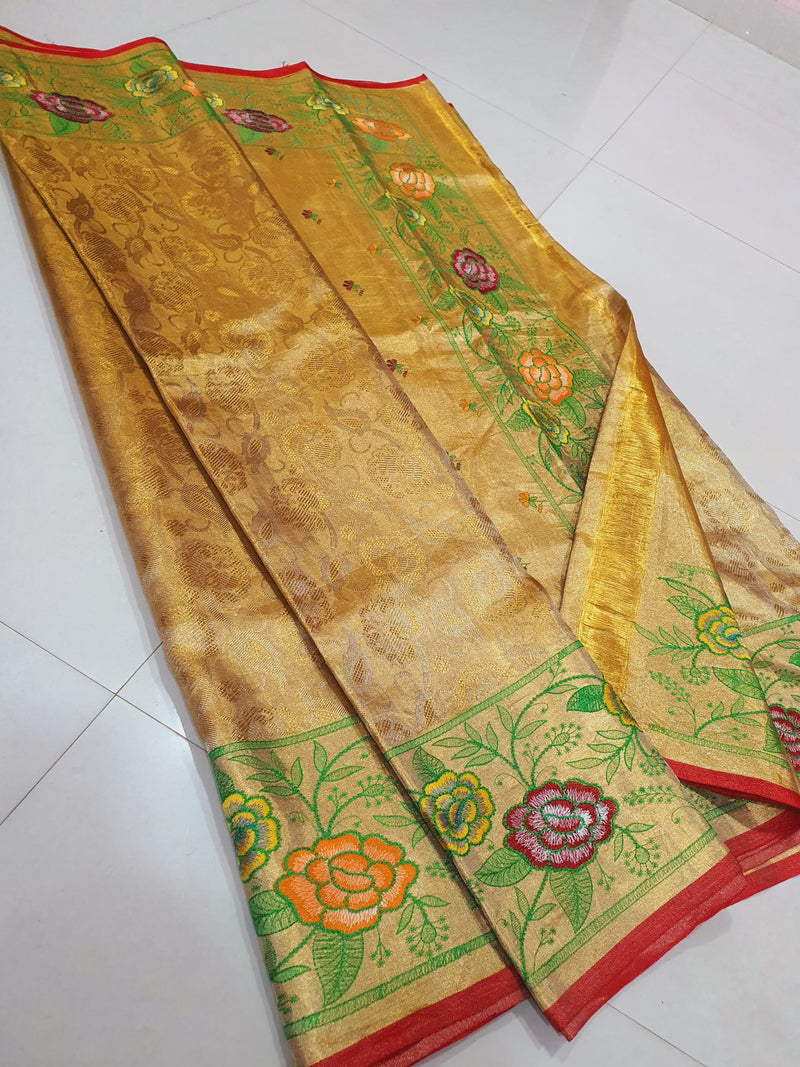 Celebrity Style - Golden Tissue Bridal Kanchipuram Silk Saree with Embroidery Work Border