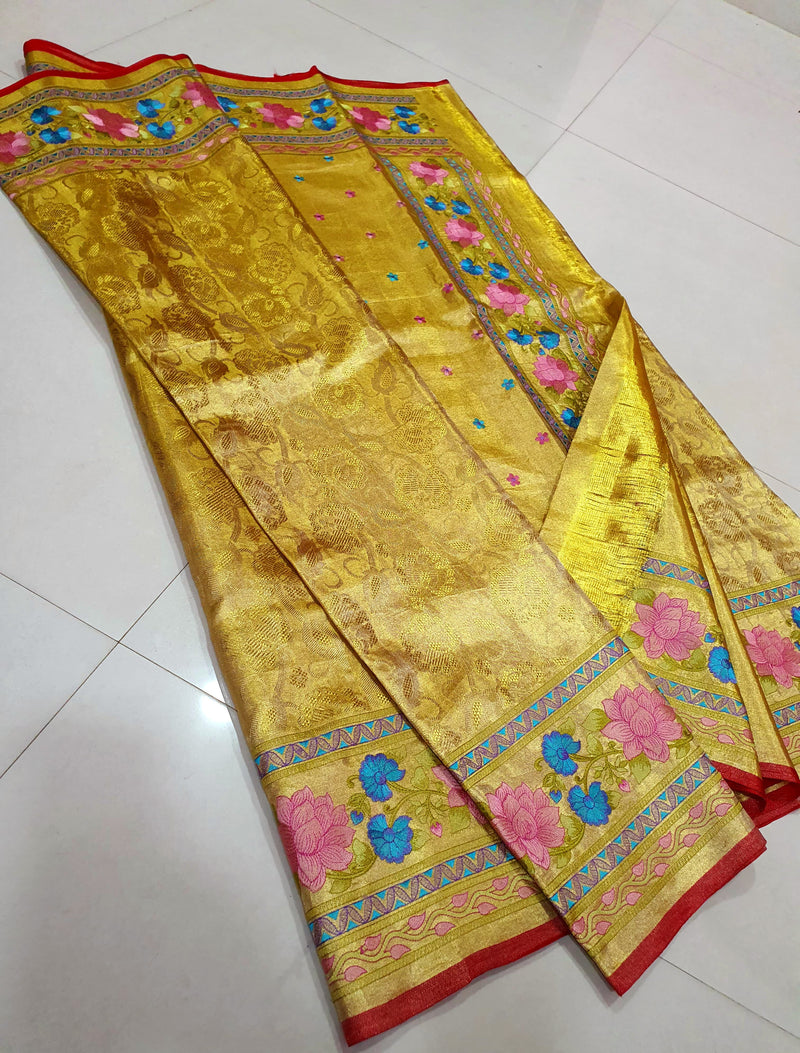 Celebrity Style - Golden Tissue Bridal Kanchipuram Silk Saree with Embroidery Work Border