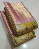 Golden Yellow Bridal Tissue kanchipuram Silk Saree with 3D Floral Birds Butta