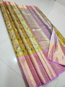 Golden Yellow Bridal Tissue kanchipuram Silk Saree with 3D Floral Birds Butta