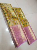 Golden Yellow Bridal Tissue kanchipuram Silk Saree with 3D Floral Birds Butta