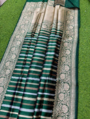 Catalogue - Pure Handloom Katan Banarasi Silk Saree with Leheriya Stripes Design Gold Silver & Antique Zari Weaving