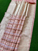 Catalogue - Pure Handloom Katan Banarasi Silk Saree with Leheriya Stripes Design Gold Silver & Antique Zari Weaving
