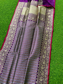 Catalogue - Pure Handloom Katan Banarasi Silk Saree with Leheriya Stripes Design Gold Silver & Antique Zari Weaving