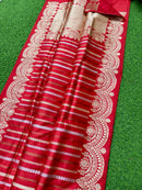 Catalogue - Pure Handloom Katan Banarasi Silk Saree with Leheriya Stripes Design Gold Silver & Antique Zari Weaving