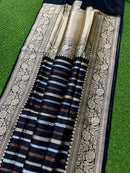 Catalogue - Pure Handloom Katan Banarasi Silk Saree with Leheriya Stripes Design Gold Silver & Antique Zari Weaving