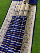 Catalogue - Pure Handloom Katan Banarasi Silk Saree with Leheriya Stripes Design Gold Silver & Antique Zari Weaving