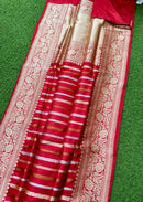 Catalogue - Pure Handloom Katan Banarasi Silk Saree with Leheriya Stripes Design Gold Silver & Antique Zari Weaving