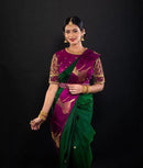 Green Handloom Kanchipuram Silk Saree with Trendy Dancing Girl Border Butta