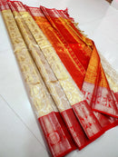 Catalogue - Half White & Red Combination Bridal Tissue Kanchipuram Silk Sarees