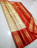 Catalogue - Half White & Red Combination Bridal Tissue Kanchipuram Silk Sarees