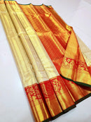 Catalogue - Half White & Red Combination Bridal Tissue Kanchipuram Silk Sarees