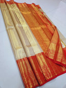 Catalogue - Half White & Red Combination Bridal Tissue Kanchipuram Silk Sarees