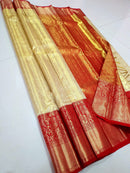 Catalogue - Half White & Red Combination Bridal Tissue Kanchipuram Silk Sarees