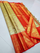 Catalogue - Half White & Red Combination Bridal Tissue Kanchipuram Silk Sarees