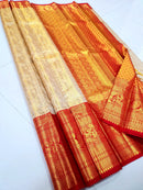 Catalogue - Half White & Red Combination Bridal Tissue Kanchipuram Silk Sarees