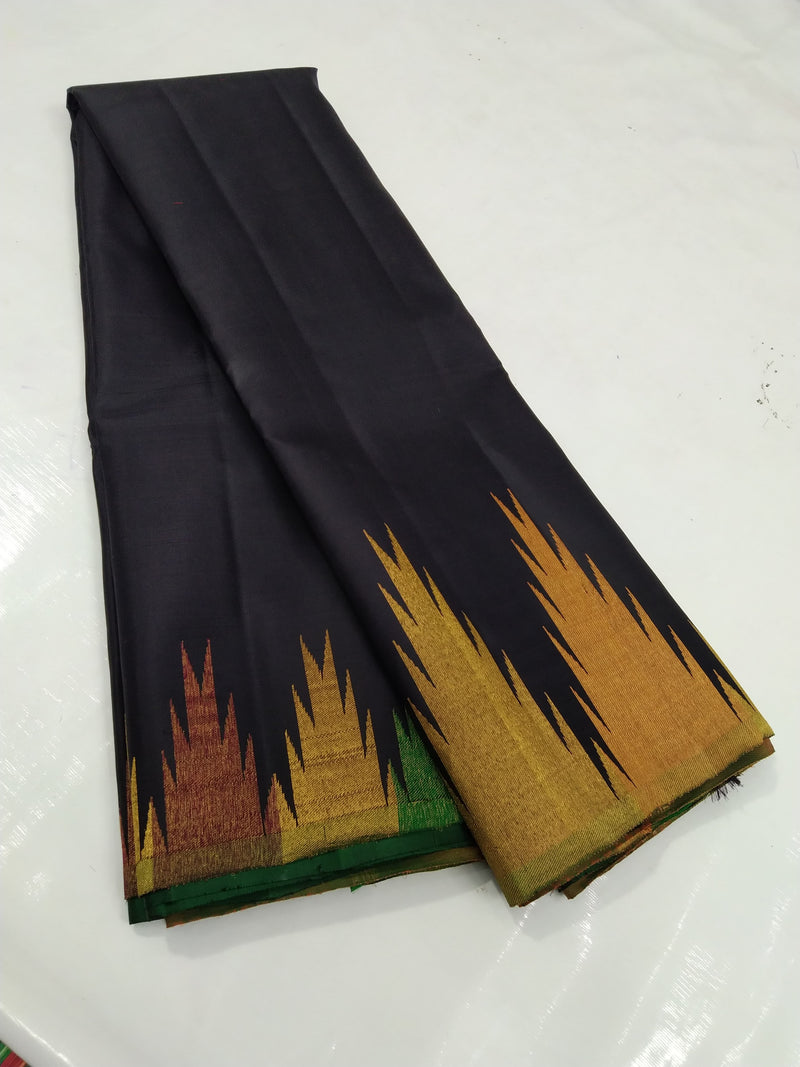 Black Self Weaving Multi Colour Zari Temple Border Handloom Kanchipuram Silk Saree