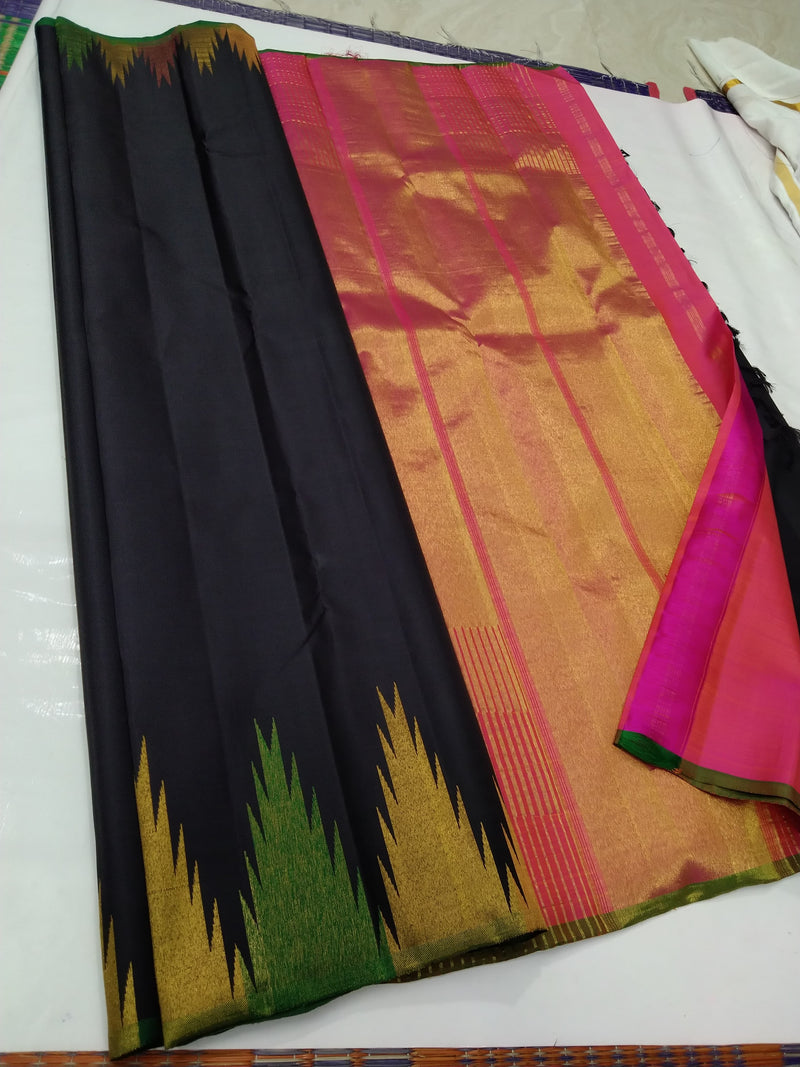 Black Self Weaving Multi Colour Zari Temple Border Handloom Kanchipuram Silk Saree