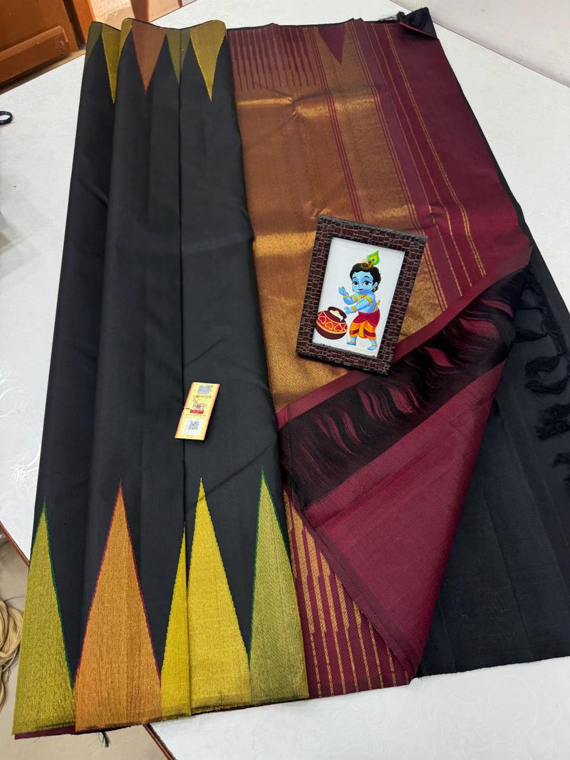 Black Maroon 8 Kol Korvai Temple Border Handloom Kanchipuram Silk Saree