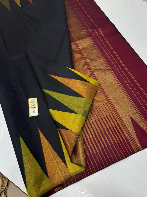 Black Maroon 8 Kol Korvai Temple Border Handloom Kanchipuram Silk Saree