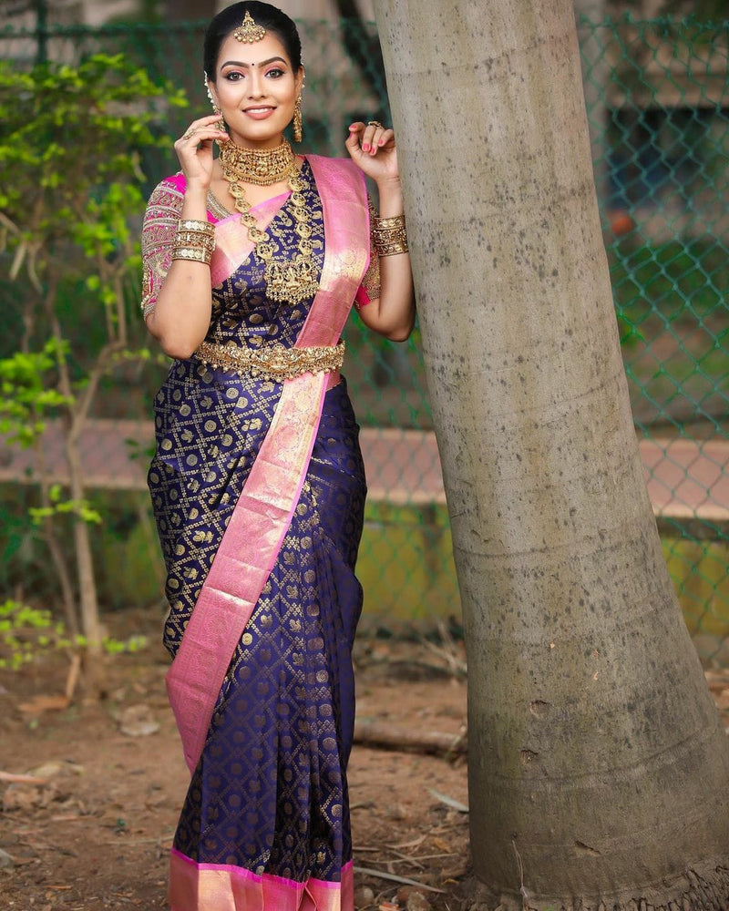 Navy Blue Bridal Handloom Kanchipuram Silk Saree with Peacock Butta