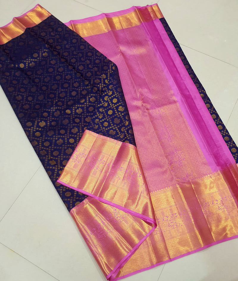 Navy Blue Bridal Handloom Kanchipuram Silk Saree with Peacock Butta