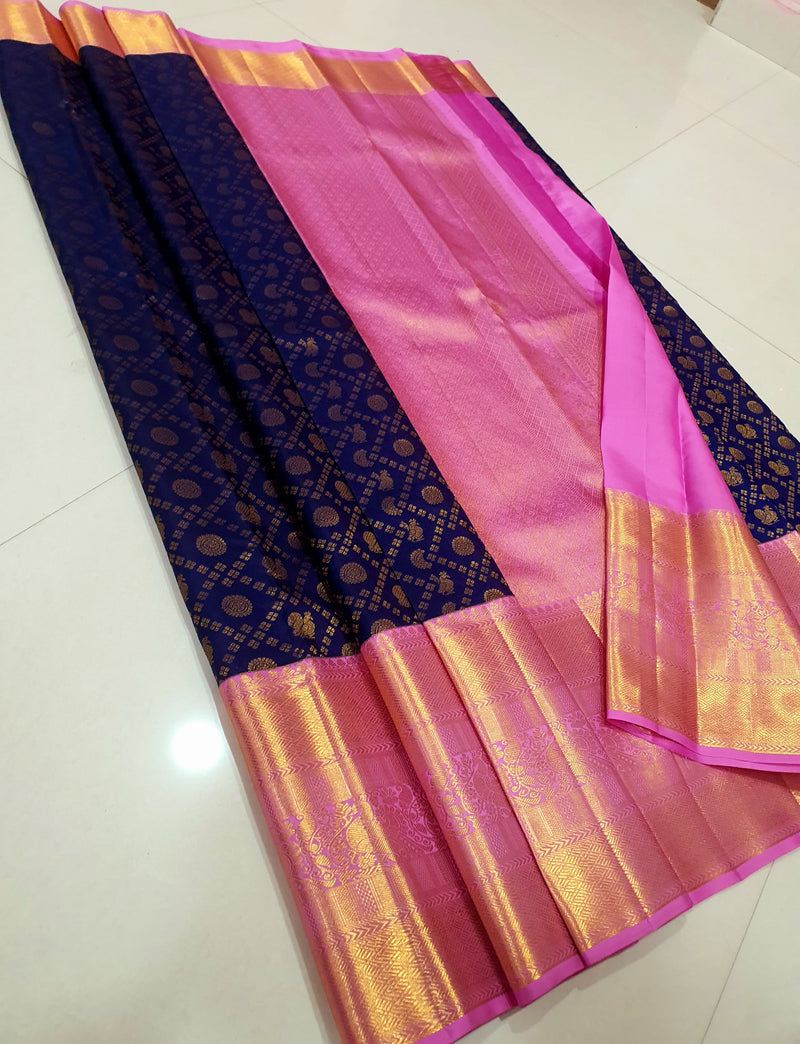 Navy Blue Bridal Handloom Kanchipuram Silk Saree with Peacock Butta