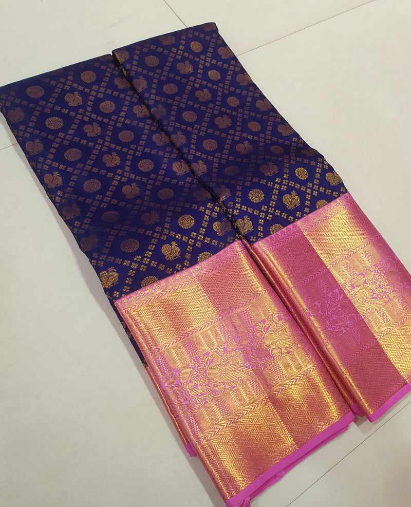 Navy Blue Bridal Handloom Kanchipuram Silk Saree with Peacock Butta