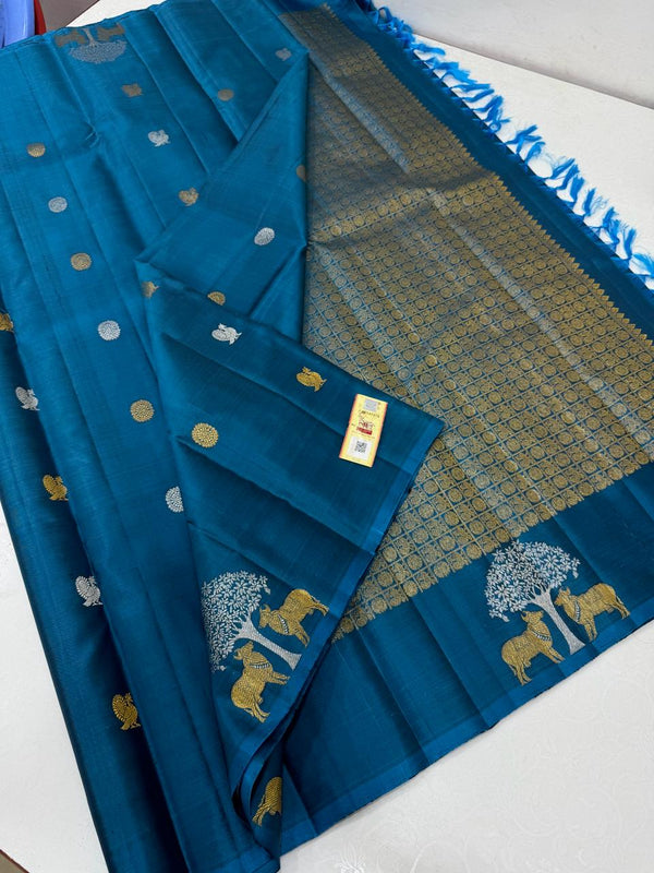 Peacock Blue Handloom Kanchipuram Silk Saree with Pichwai Zari Design